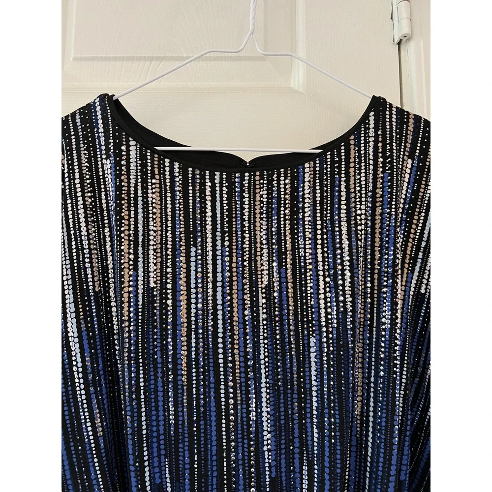 WHBM Blouson Mini Dress‎ Women's Medium Black Blue Sequin Stripe Cocktail Party